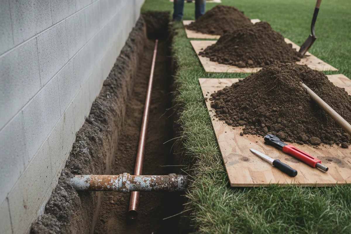 Excavated water line trench during Sewer Line Repair in Collettsville